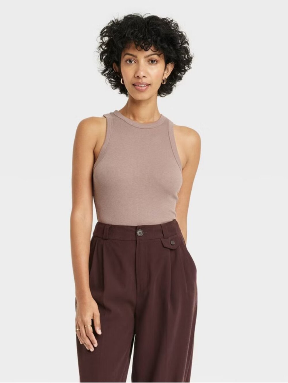 Women's Slim Fit Ribbed Tank Top - A New Day Brown M: Cotton Modal Blend, Crew N